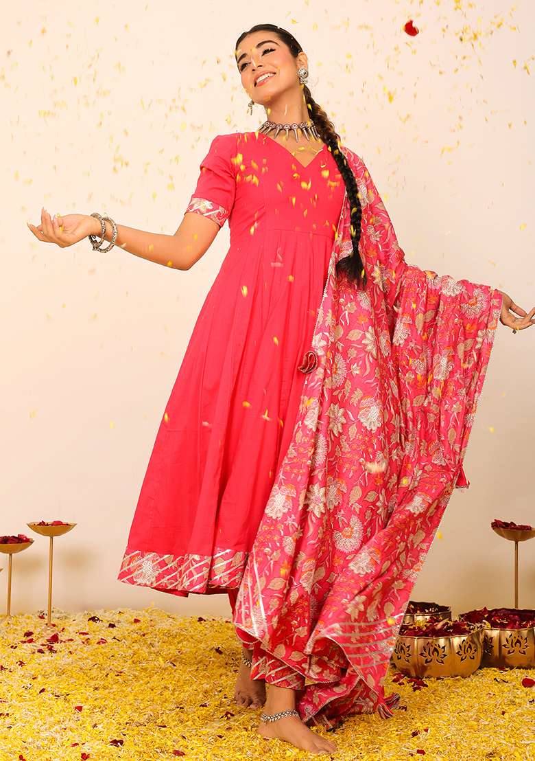 Rani Pink Embroidered Cotton Anarkali Kurta Set With Dupatta - Indya
