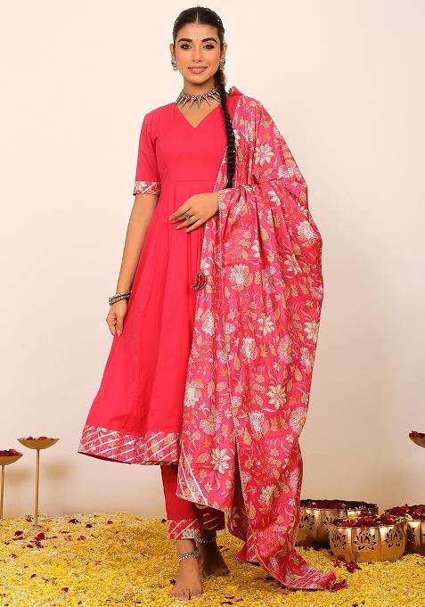 Rani Pink Embroidered Cotton Anarkali Kurta Set With Dupatta