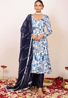 Blue And White Embroidered Cotton Anarkali Kurta Set With Dupatta