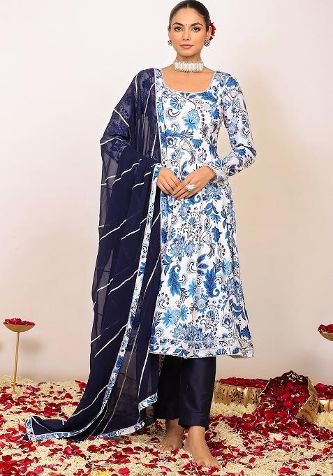 Blue And White Embroidered Cotton Anarkali Kurta Set With Dupatta