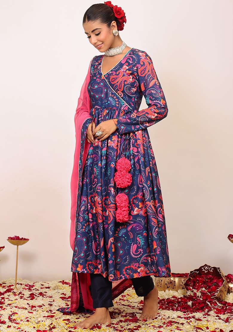 Multi Embroidered Cotton Anarkali Kurta Set With Dupatta - Indya