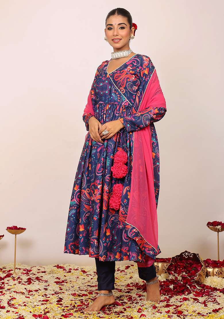 Multi Embroidered Cotton Anarkali Kurta Set With Dupatta - Indya