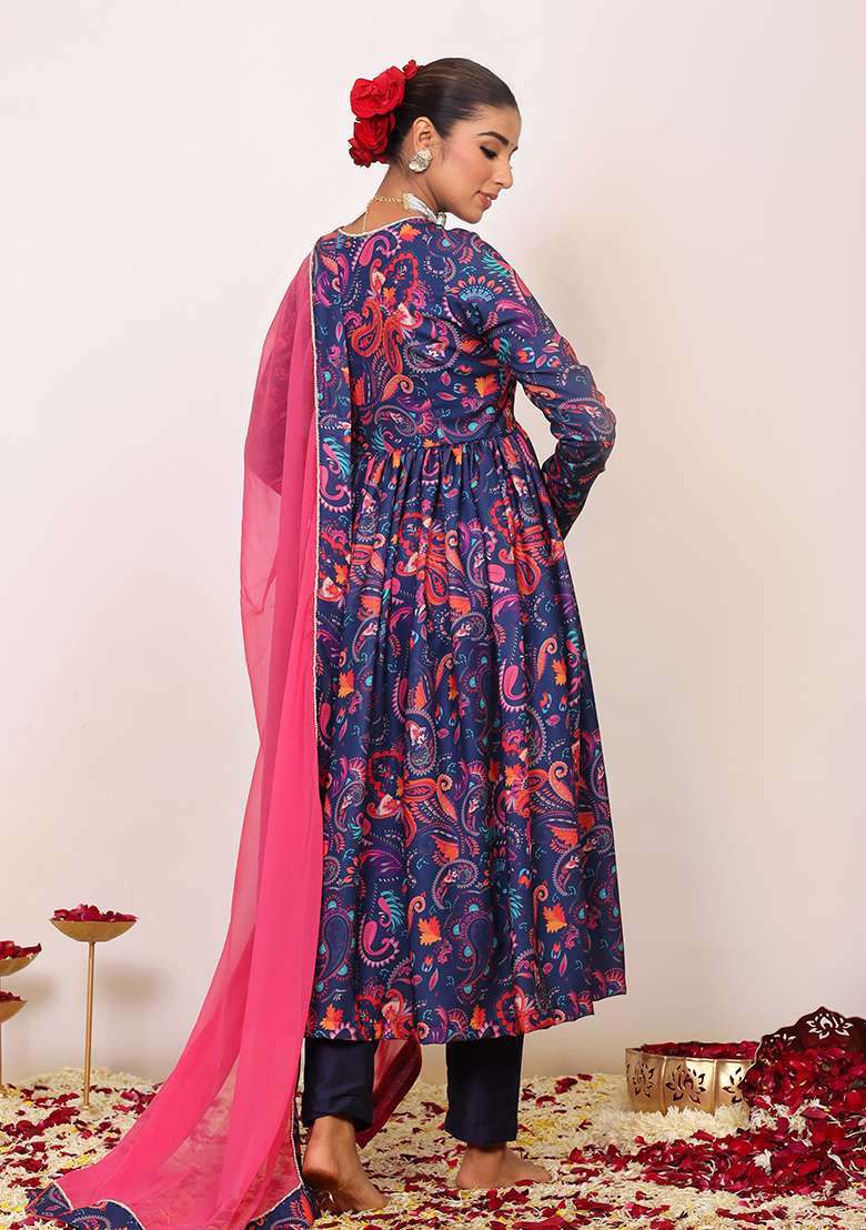 Multi Embroidered Cotton Anarkali Kurta Set With Dupatta - Indya