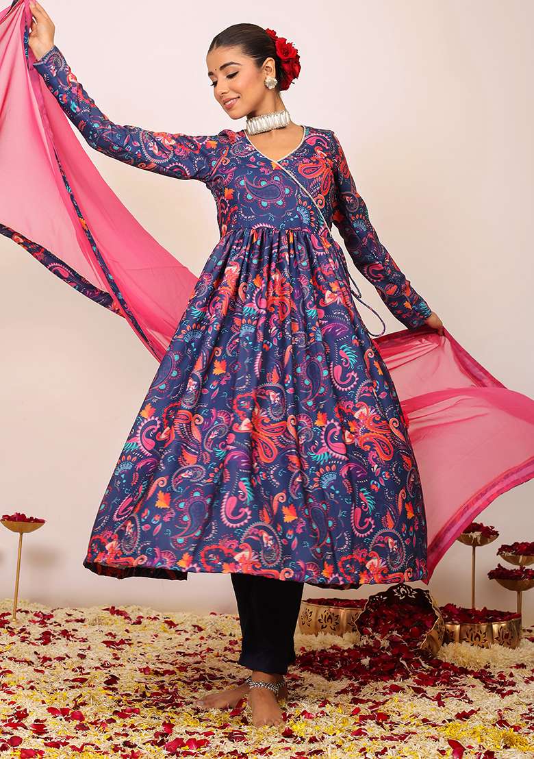Multi Embroidered Cotton Anarkali Kurta Set With Dupatta - Indya