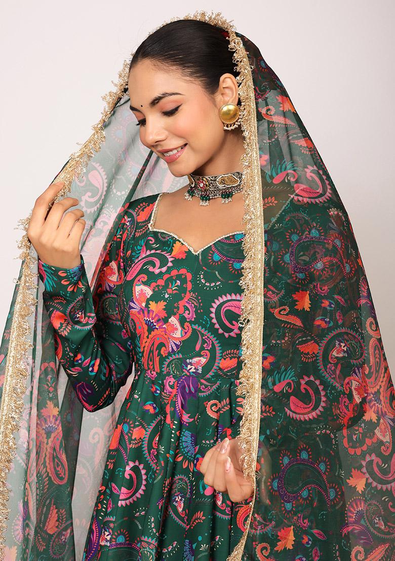 Green And Pink Embroidered Cotton Anarkali Kurta Set With Dupatta - Indya