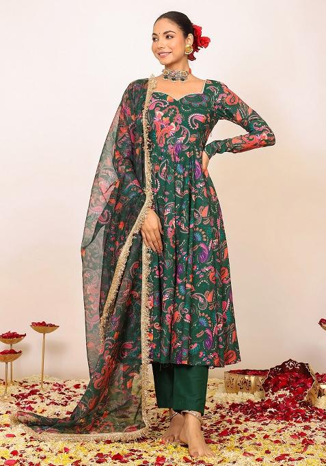 Green And Pink Embroidered Cotton Anarkali Kurta Set With Dupatta