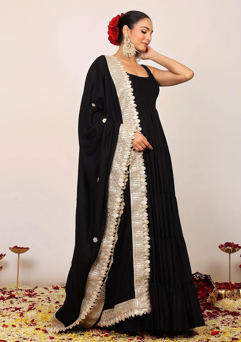 Black Embroidered Rayon Anarkali Kurta Set - Indya