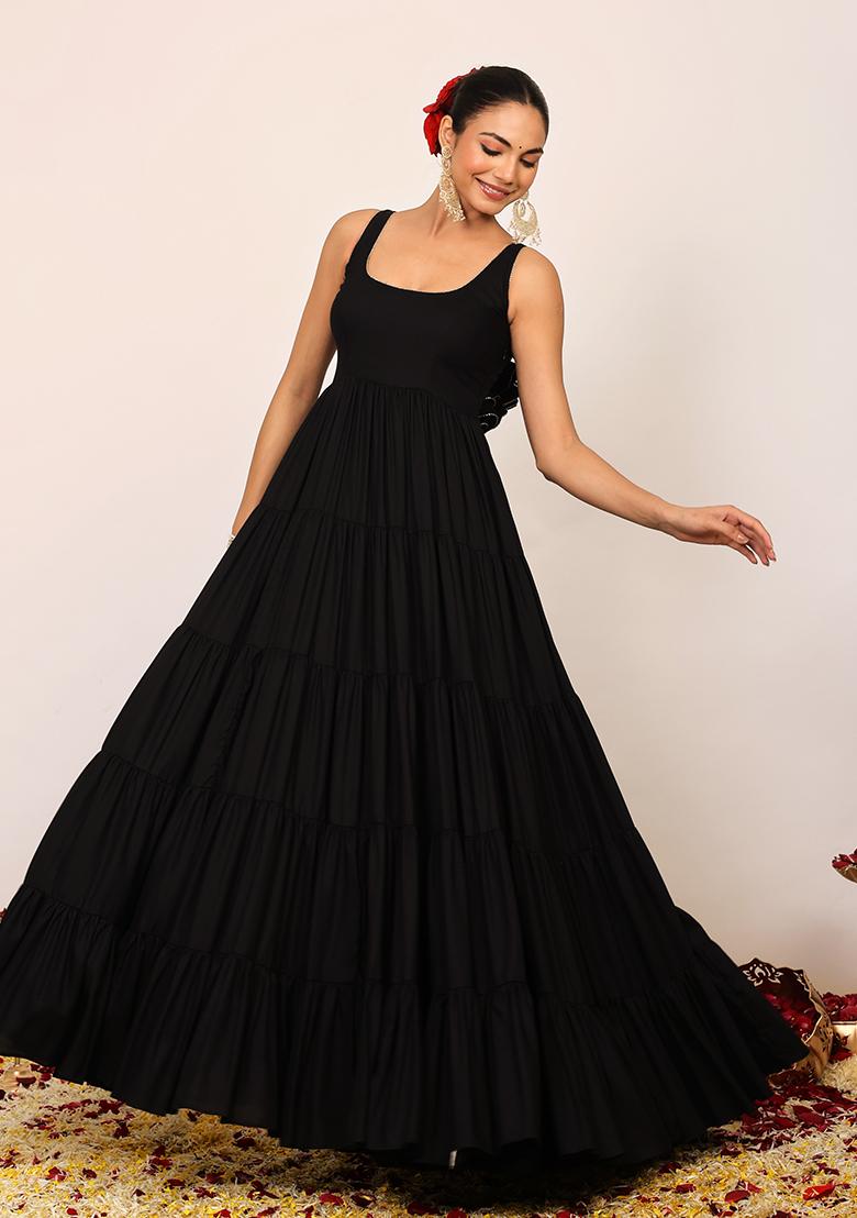 Black Embroidered Rayon Anarkali Kurta Set - Indya