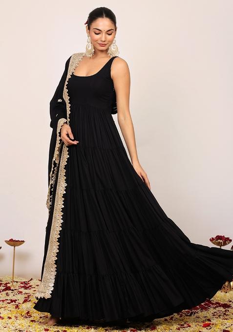 Black Embroidered Rayon Anarkali Kurta Set
