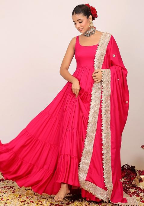 Pink Embroidered Rayon Anarkali Kurta Set