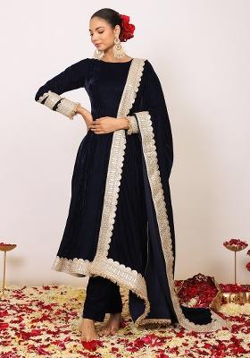 Black Embroidered Velvet Anarkali Kurta Set With Dupatta