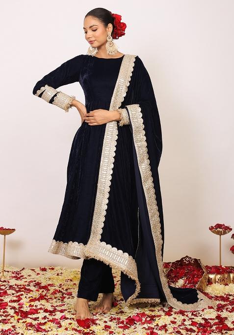 Black Embroidered Velvet Anarkali Kurta Set With Dupatta