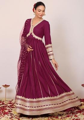 Pink Embroidered Rayon Anarkali Kurta Set With Dupatta