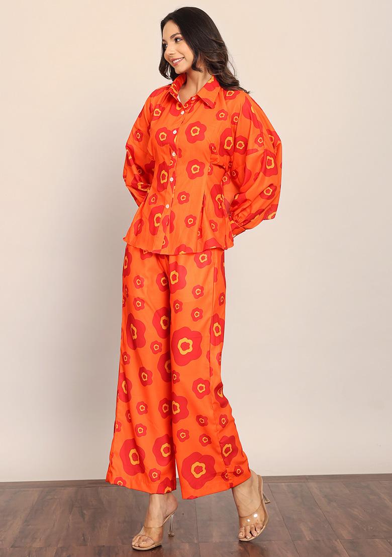Orange Embroidered Georgette Co Ord Set - Indya