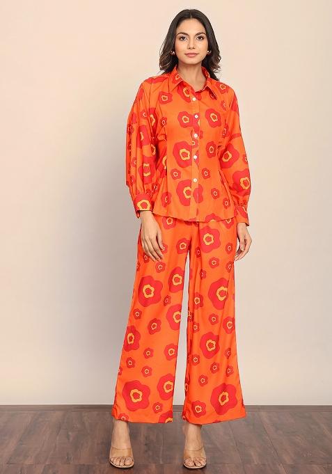 Orange Embroidered Georgette Co Ord Set