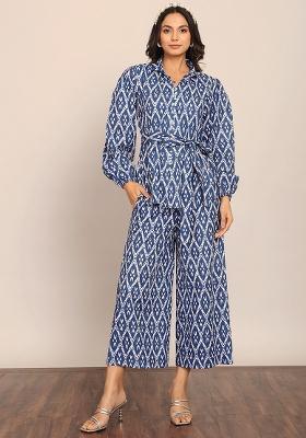 Blue And White Embroidered Cotton Co Ord Set