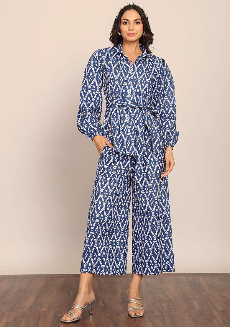 Blue And White Embroidered Cotton Co Ord Set - Indya