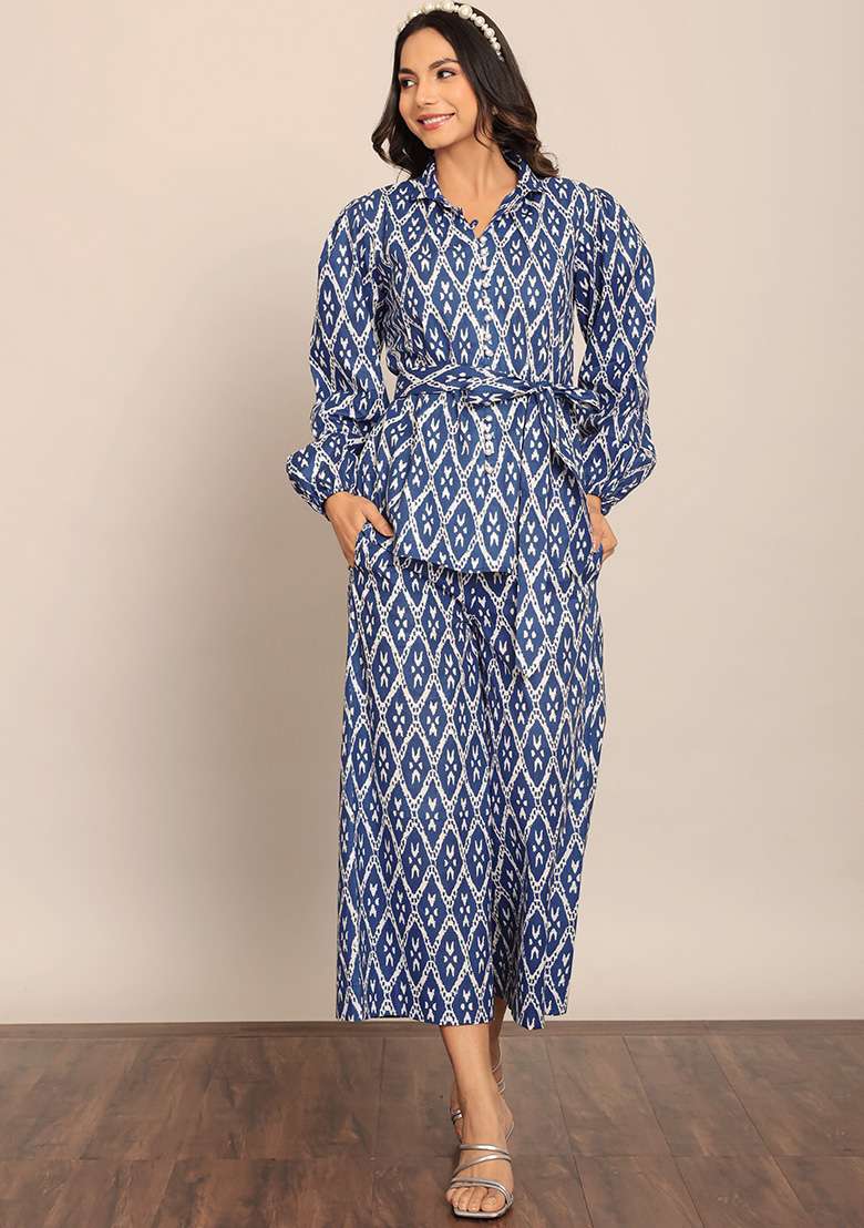 Blue And White Embroidered Cotton Co Ord Set - Indya