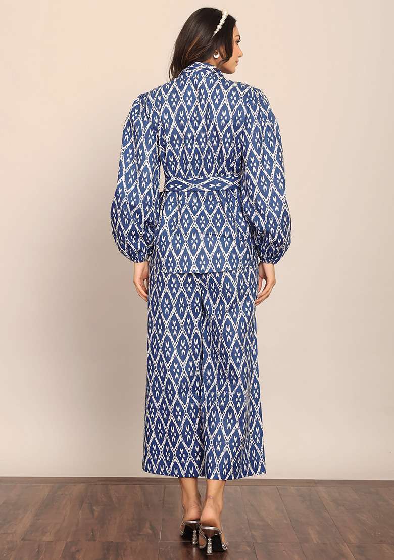 Blue And White Embroidered Cotton Co Ord Set - Indya