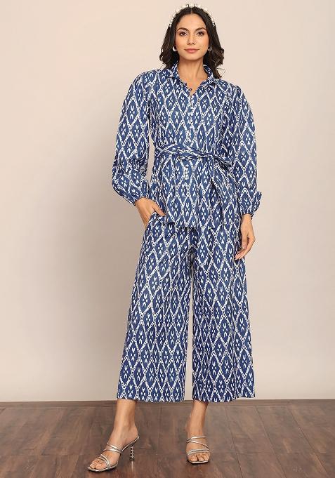 Blue And White Embroidered Cotton Co Ord Set