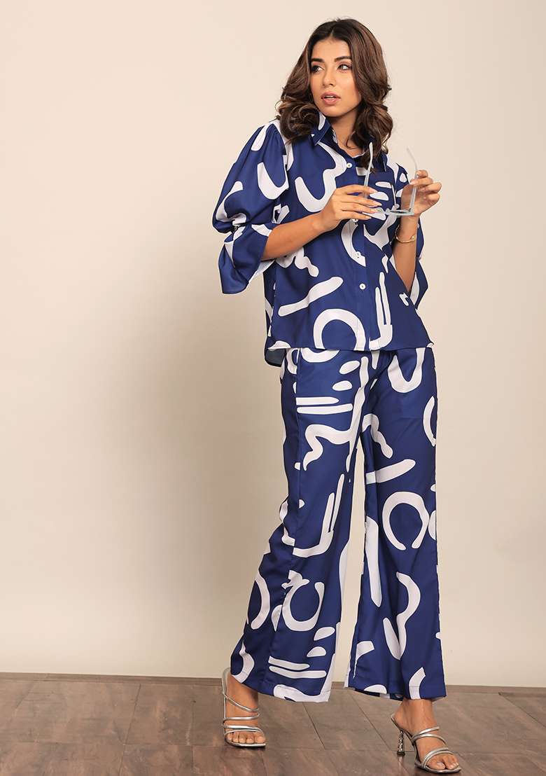 Blue And White Embroidered Cotton Co Ord Set - Indya