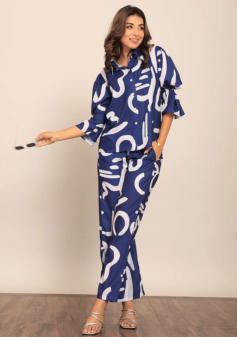 Blue And White Embroidered Cotton Co Ord Set - Indya