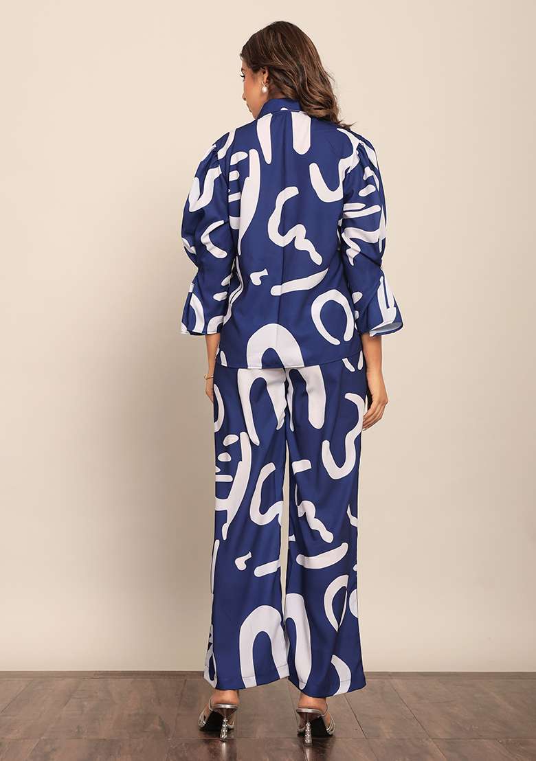 Blue And White Embroidered Cotton Co Ord Set - Indya