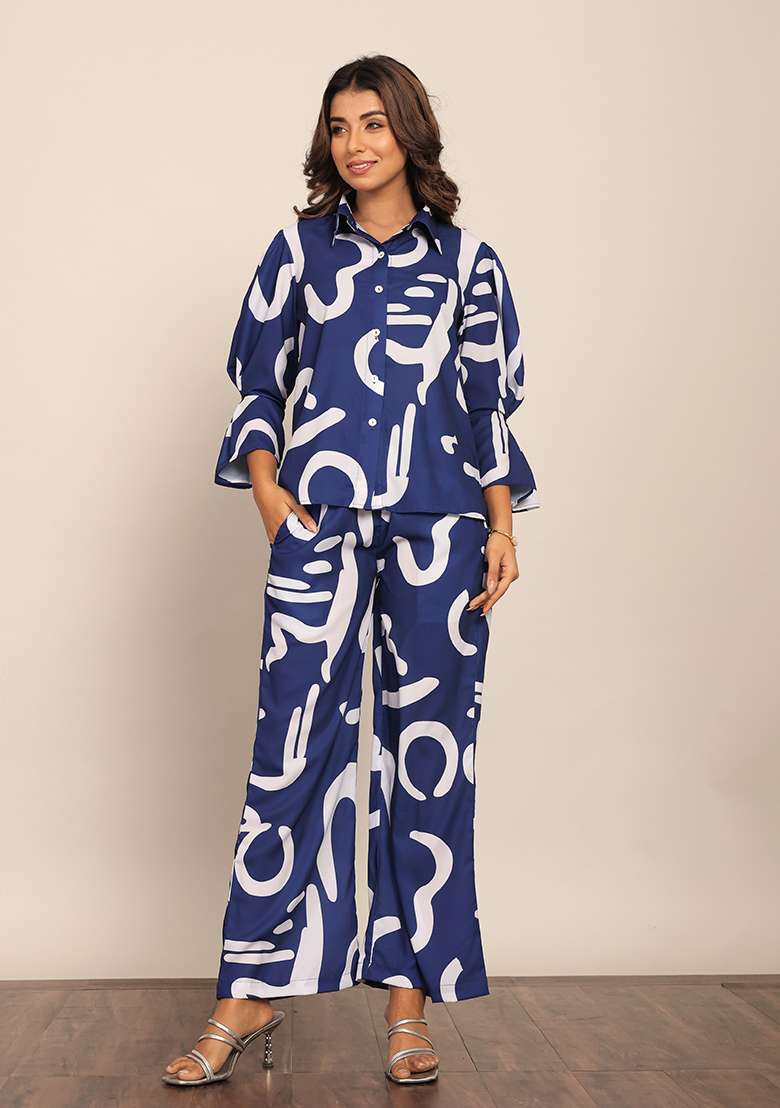 Blue And White Embroidered Cotton Co Ord Set - Indya