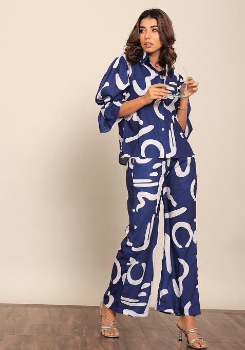 Blue And White Embroidered Cotton Co Ord Set