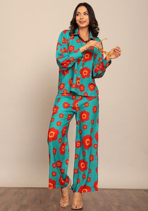 Sea Green And Red Embroidered Georgette Co Ord Set