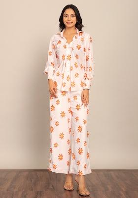White And Orange Embroidered Georgette Co Ord Set