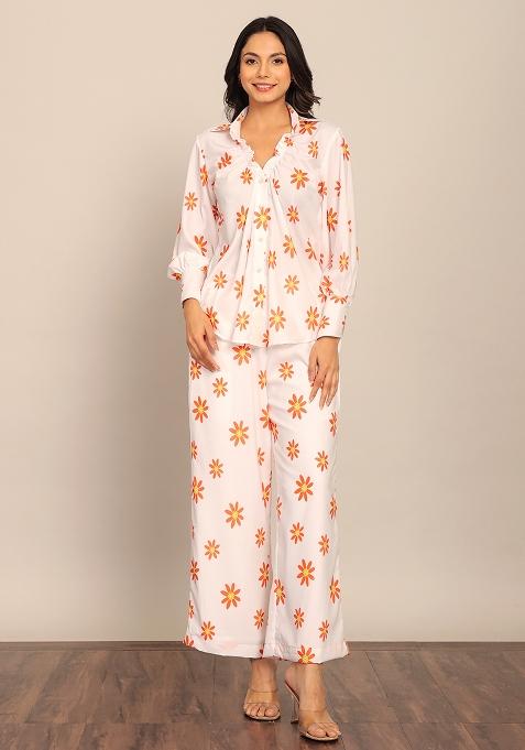 White And Orange Embroidered Georgette Co Ord Set