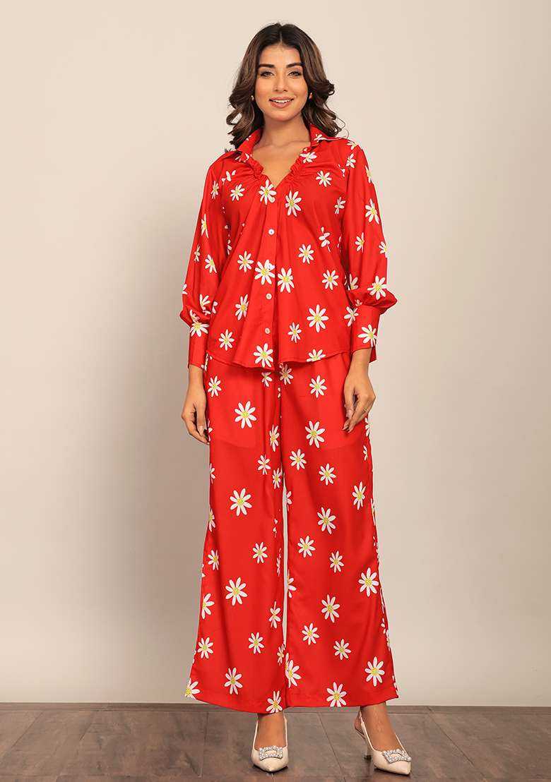 Red Embroidered Georgette Co Ord Set - Indya