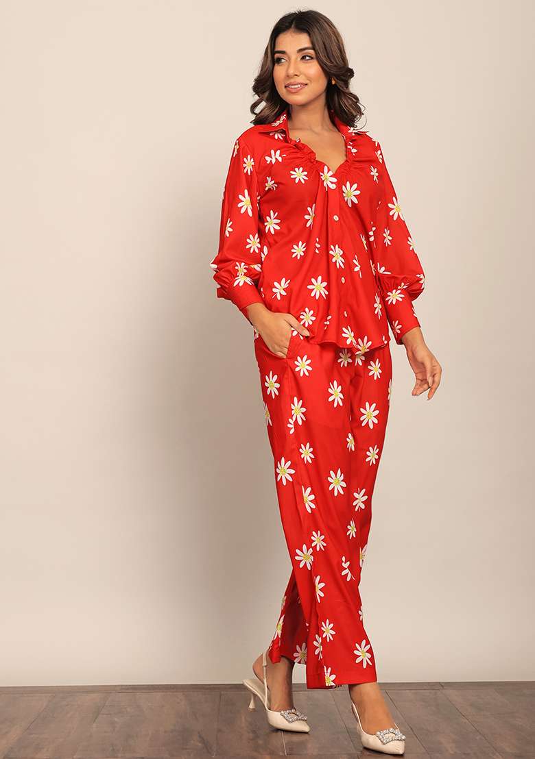 Red Embroidered Georgette Co Ord Set - Indya