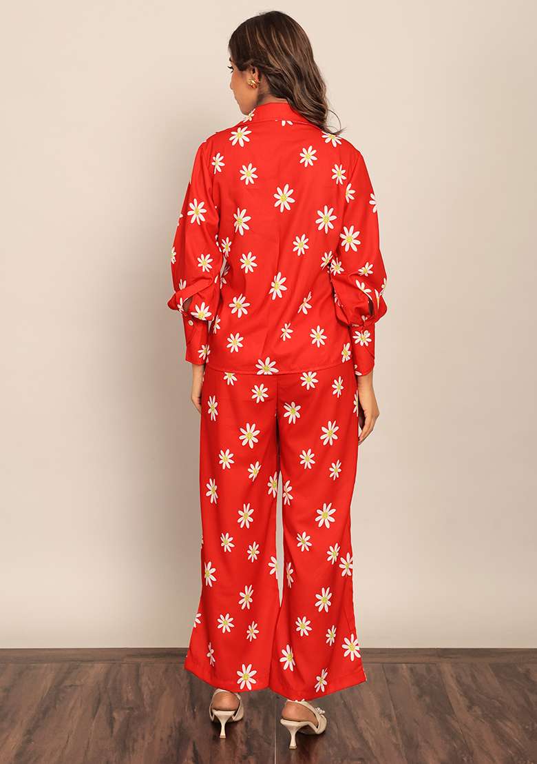 Red Embroidered Georgette Co Ord Set - Indya