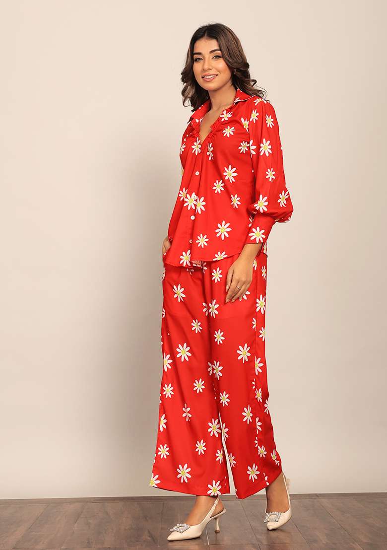 Red Embroidered Georgette Co Ord Set - Indya