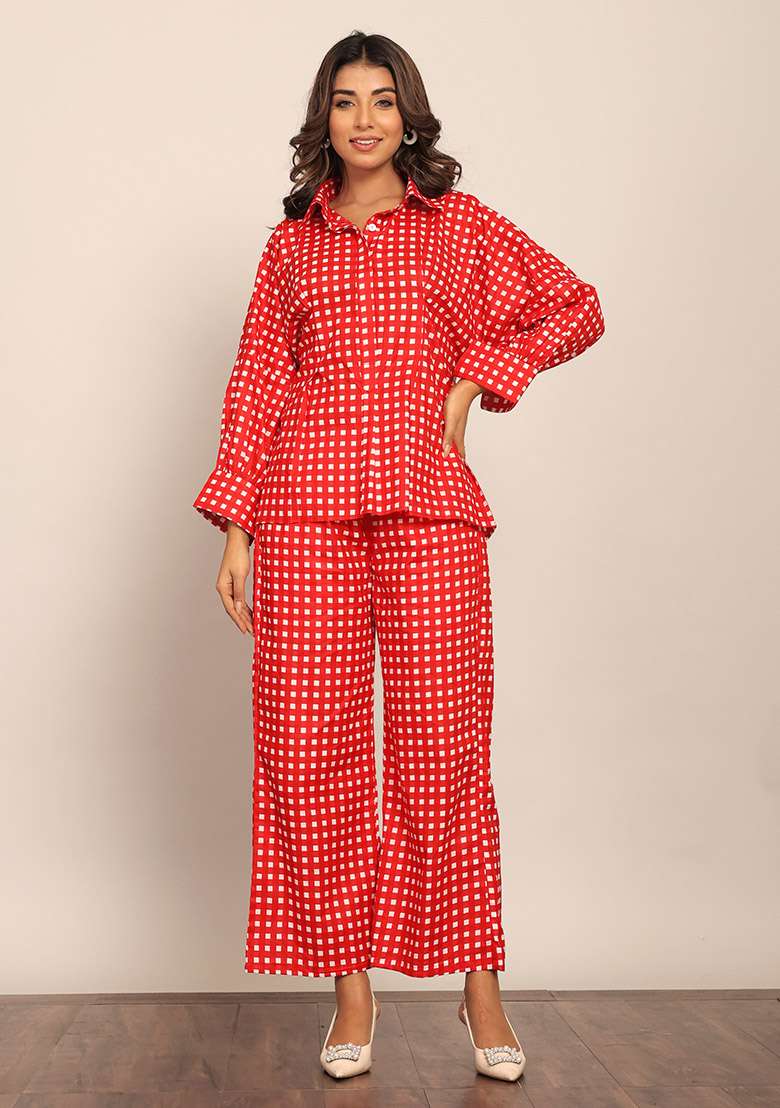 Red Printed  Cotton Co Ord Set - Indya