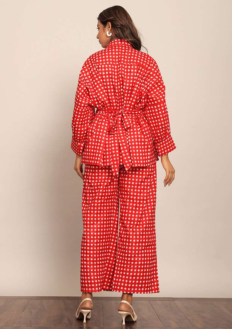 Red Printed  Cotton Co Ord Set - Indya