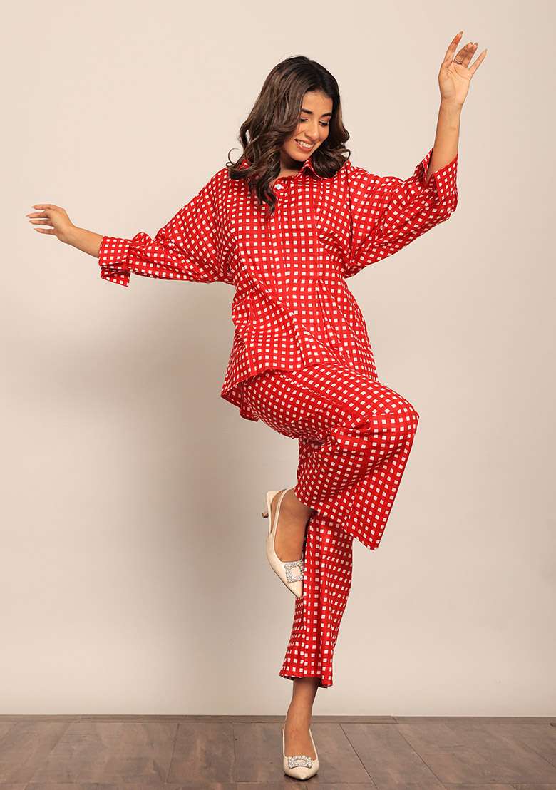 Red Printed  Cotton Co Ord Set - Indya