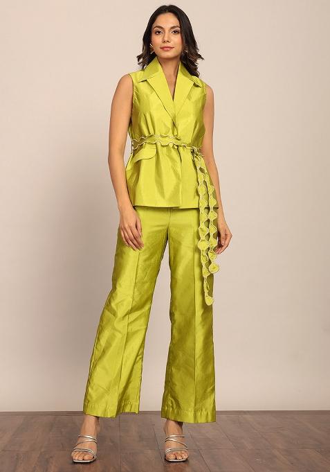 Green Printed  Taffeta Co Ord Set