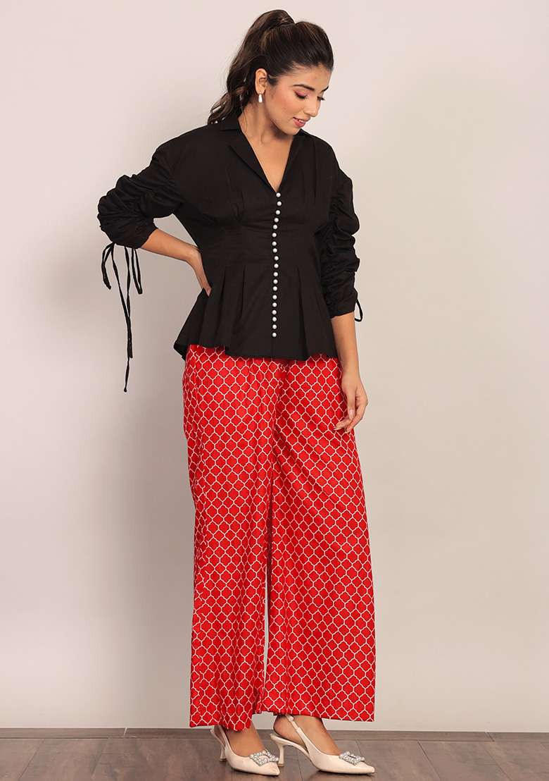 Black And Red Printed  Cotton Co Ord Set - Indya