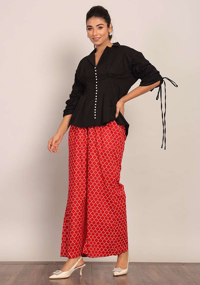 Black And Red Printed  Cotton Co Ord Set - Indya