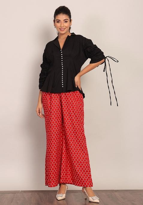 Black And Red Printed  Cotton Co Ord Set