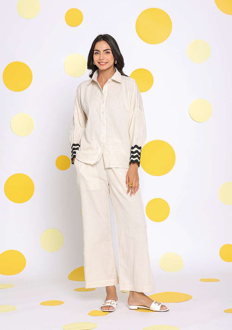 Off White Printed  Linen Co Ord Set - Indya