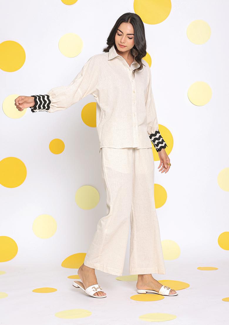 Off White Printed  Linen Co Ord Set