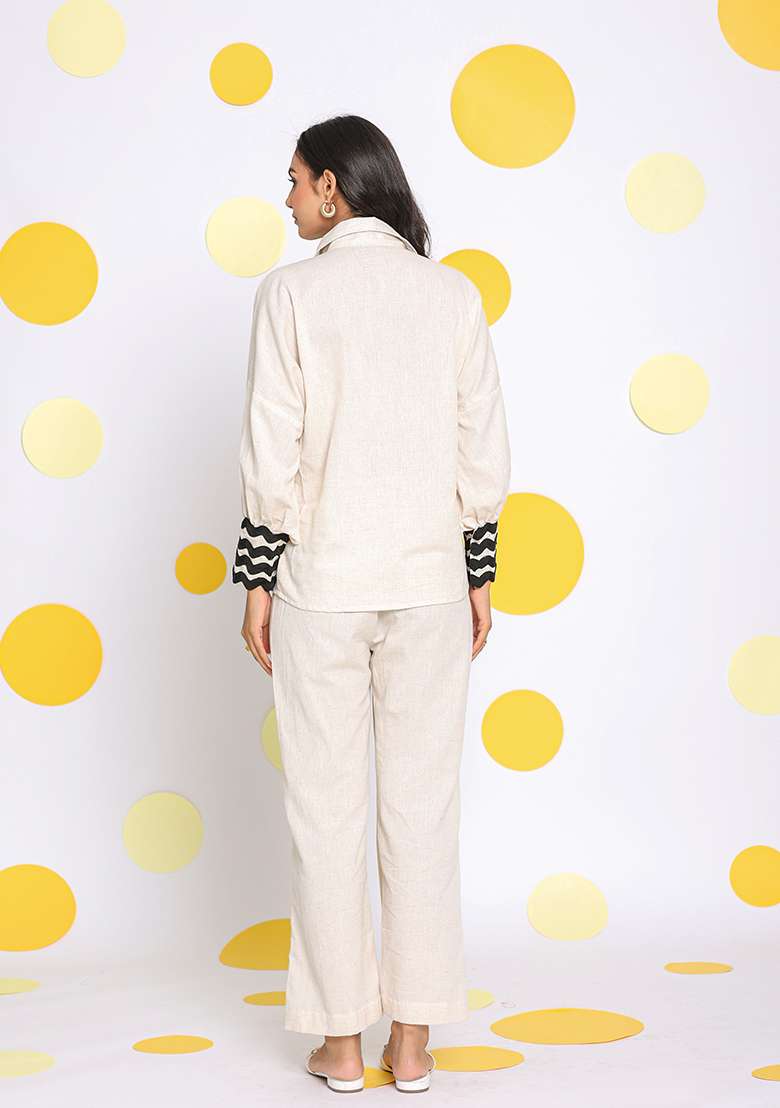 Off White Printed  Linen Co Ord Set - Indya
