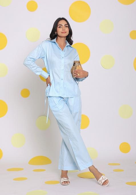 Sky Blue Printed  Cotton Co Ord Set