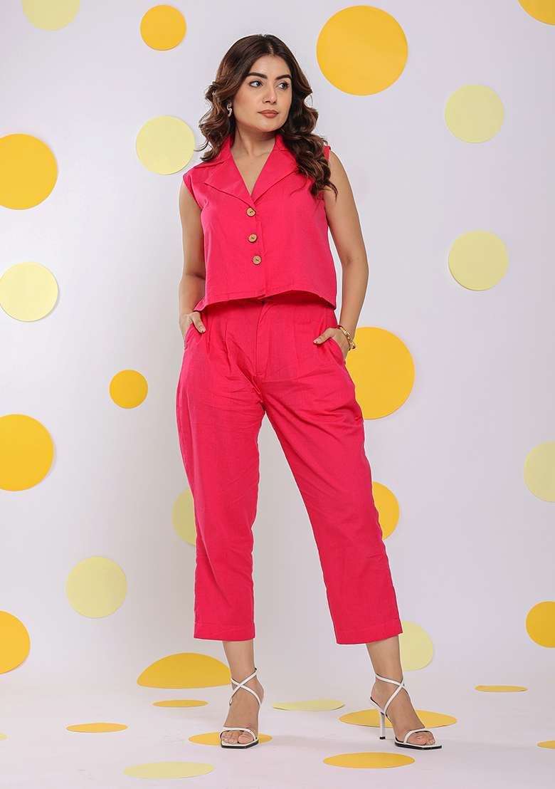 Hot Pink Printed  Linen Co Ord Set - Indya