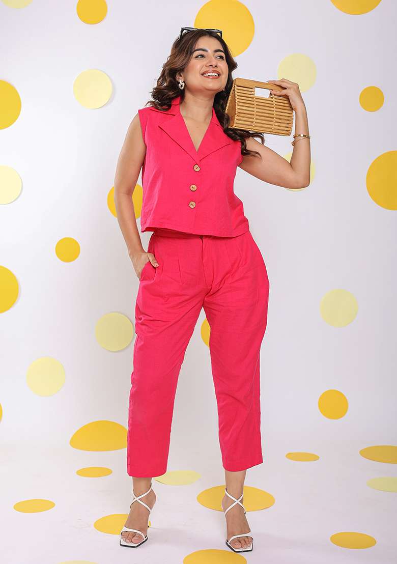 Hot Pink Printed  Linen Co Ord Set - Indya