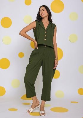 Olive Green Printed  Linen Co Ord Set